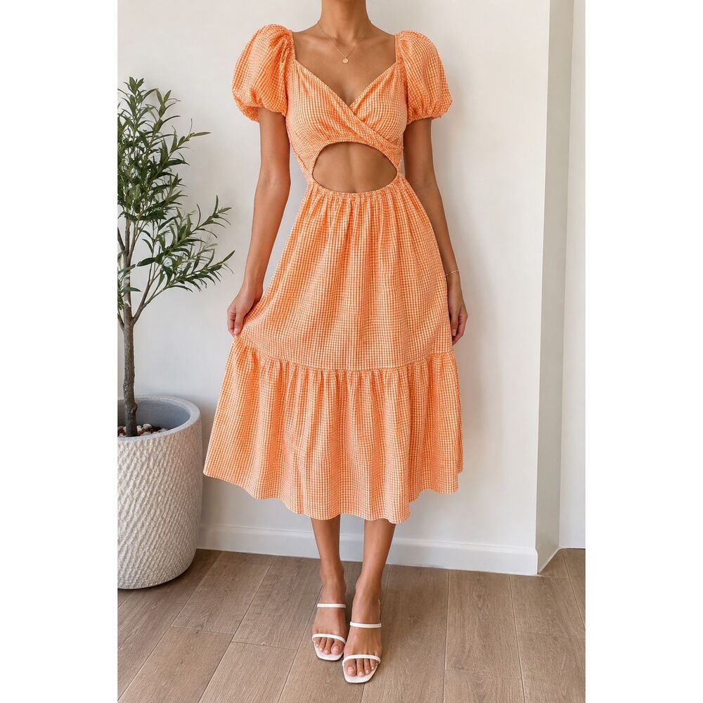 Sim & Sam Orange Gingham Cutout Midi Dress Size S Cottagecore Puff Sleeve